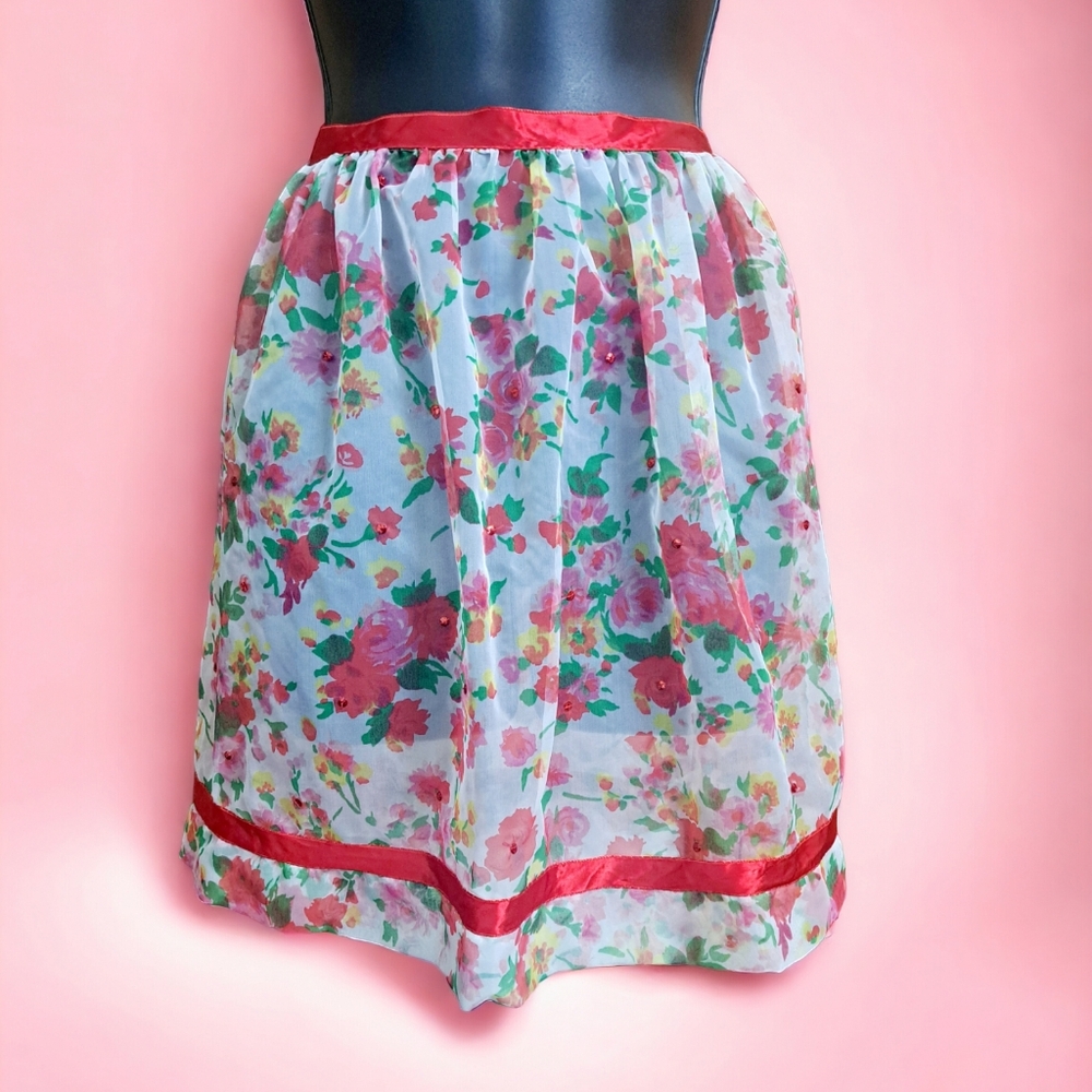 Beautiful Vintage Transparent Floral Apron Womens OS Red Tie Hostess Col…